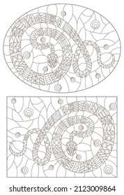 A set of contour illustrations in the style of stained glass with abstract snakes, dark contours on a white background