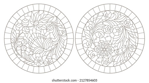 A set of contour illustrations in the style of stained glass with abstract berries and flowers, dark contours on a white background