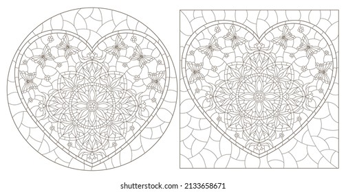 A set of contour illustrations in the style of stained glass with abstract hearts, dark contours on a white background