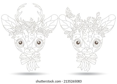 Un conjunto de ilustraciones de contorno al estilo de vidrios manchados con retratos bonitos de ciervos, animales aislados en un fondo blanco