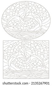 A set of contour illustrations in the style of a stained glass window with dolphins on a landscape background, dark contours on a white background