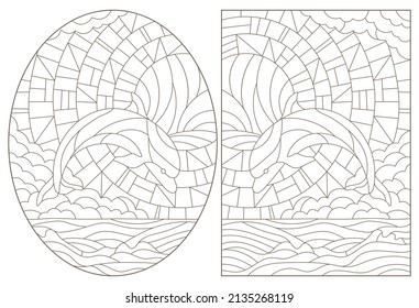 A set of contour illustrations in the style of a stained glass window with dolphins on a landscape background, dark contours on a white background