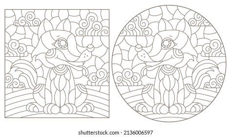 A set of contour illustrations in the style of stained glass with cute cartoon dogs, dark contours on a white background