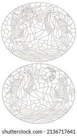 A set of contour illustrations in the style of stained glass with abstract horses, dark contours on a white background