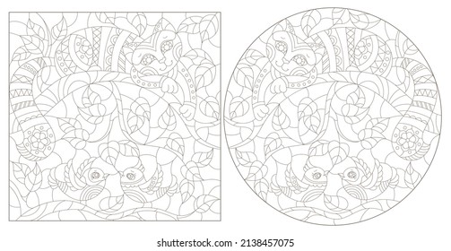 Un conjunto de ilustraciones de contorno al estilo de vidrios manchados con gatos y pájaros sobre ramas de árboles, contornos oscuros sobre un fondo blanco