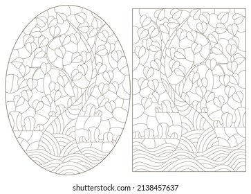 A set of contour illustrations in the style of stained glass with abstract trees, dark contours on a white background