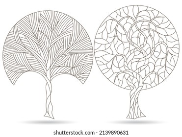 A set of contour illustrations in the style of stained glass with abstract trees, dark contours on a white background