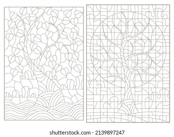 A set of contour illustrations in the style of stained glass with abstract trees, dark contours on a white background