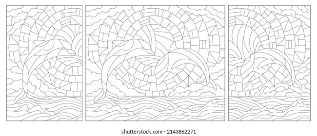 A set of contour illustrations in the style of a stained glass window with dolphins on a landscape background, dark contours on a white background