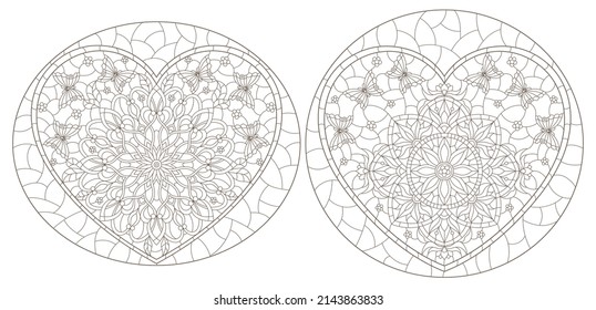 Un conjunto de ilustraciones de contorno en el estilo de vidrio manchado con corazones abstractos, contornos oscuros sobre un fondo blanco