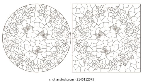 A set of contour illustrations in the style of stained glass with flower wreaths, dark contours on a white background