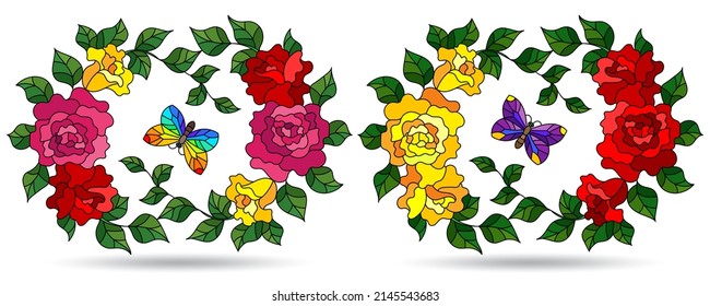 A set of contour illustrations in the style of stained glass with flower wreaths and butterflys, isolated on a white background