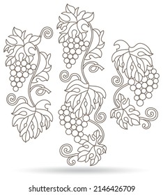 A set of contour illustrations in the style of stained glass with grape vines, dark contours isolated on a white background