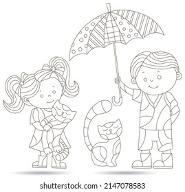 A set of contour illustrations in the style of stained glass with a boy and a girl under an umbrella, figures isolated on a white background