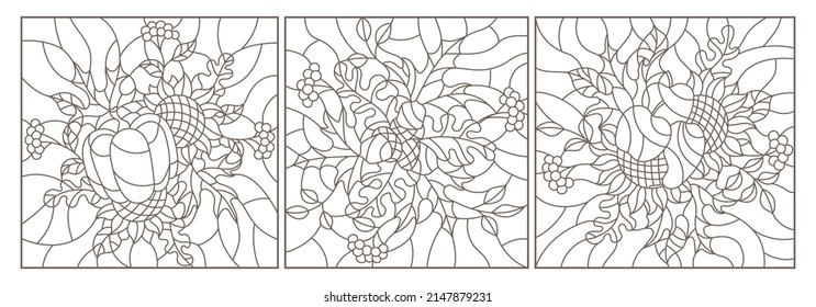 A set of contour illustrations in the style of stained glass with autumn compositions, dark contours on a white background