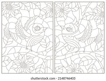 A set of contour illustrations in the style of stained glass with birds on tree branches, dark contours on a white background