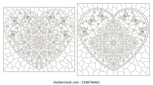 A set of contour illustrations in the style of stained glass with abstract hearts, dark contours on a white background