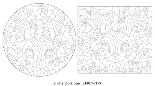 A set of contour illustrations in the style of stained glass with portraits of cute cartoon rabbits on a background of flowers