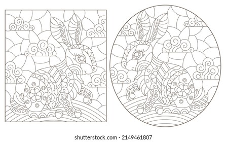 A set of contour illustrations in the style of stained glass with cute bunnies, dark contours on a white background