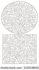 A set of contour illustrations in the style of stained glass with floral arrangements, dark contours on a white background