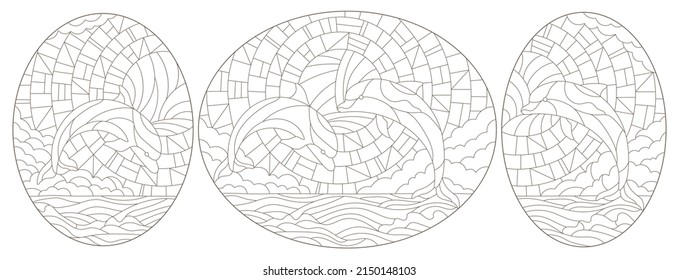 A set of contour illustrations in the style of a stained glass window with dolphins on a landscape background, dark contours on a white background