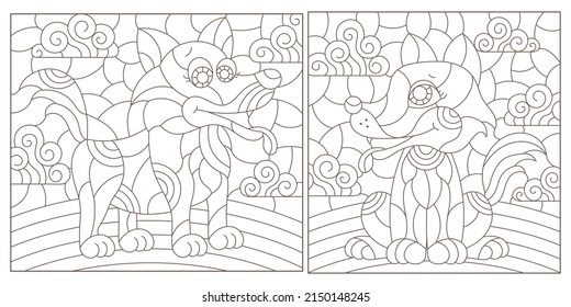 A set of contour illustrations in the style of stained glass with cute cartoon dogs, dark contours on a white background