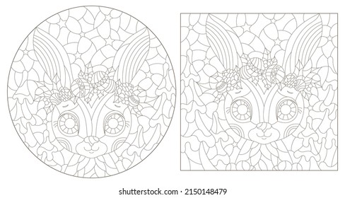 A set of contour illustrations in the style of stained glass with cute portraits of rabbits, dark contours on a white background