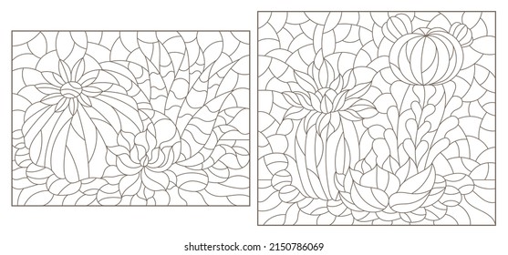 Set of contour illustrations in the style of stained glass with compositions of cacti, dark outlines on a white background