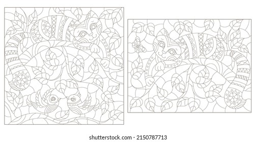 A set of contour illustrations in the style of stained glass with cats and birds on tree branches, dark contours on a white background