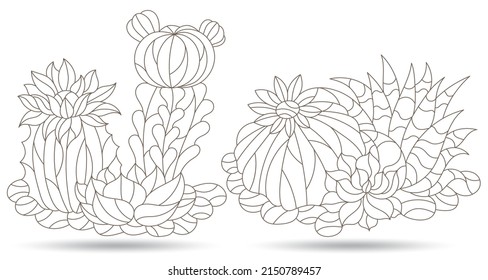 Set of contour illustrations in the style of stained glass with compositions of cacti, dark outline isolated plants on a white background