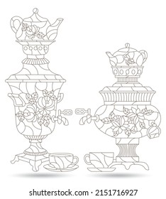 Set of contour illustrations in the style of stained glass with Russian samovars and teapots, dark outlines  isolated on a white background