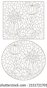 Set of contour illustrations in the style of stained glass with compositions of cacti, dark outlines on a white background
