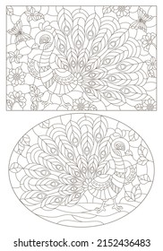 A set of contour illustrations in the style of stained glass with peacocks, dark contours on a white background