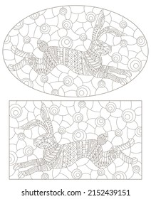 A set of contour illustrations in the style of stained glass with abstract rabbits, dark contours on a white background