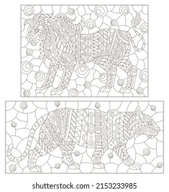 A set of contour illustrations in the style of stained glass with abstract lion and tiger, dark contours on a white background