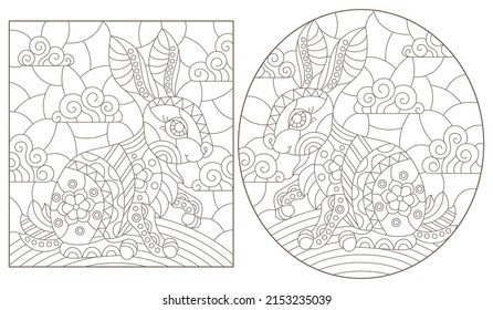 A set of contour illustrations in the style of stained glass with cute rabbits, dark contours on a white background