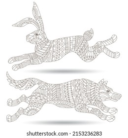 A set of contour illustrations in the style of stained glass with abstract rabbit and wolf, dark contours isolated on a white background