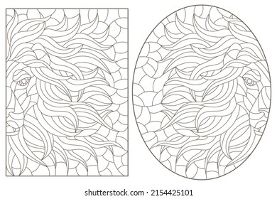 A set of contour illustrations in the style of stained glass with portraits of lions, dark contours on a white background