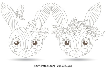A set of contour illustrations in the style of stained glass with cute portraits of rabbits,animals isolated on a white background
