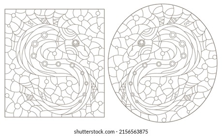 Set of contour illustrations in the style of stained glass with abstract fish, dark outlines on a white background