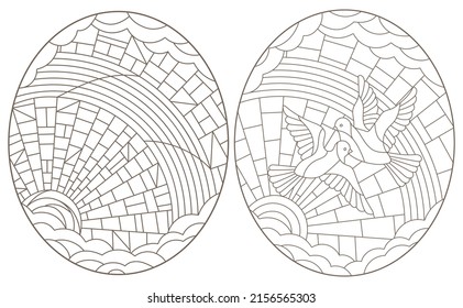 A set of contour illustrations in the style of stained glass with celestial landscapes with pigeons, dark contours on a white background