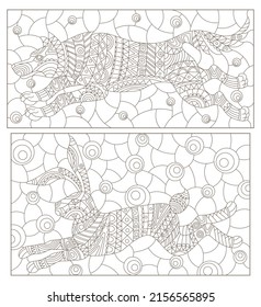 A set of contour illustrations in the style of stained glass with abstract rabbit and wolf, dark contours isolated on a white background