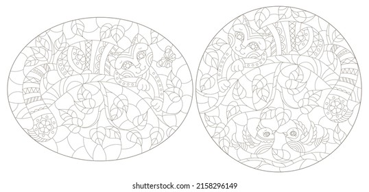 A set of contour illustrations in the style of stained glass with cats and birds on tree branches, dark contours on a white background