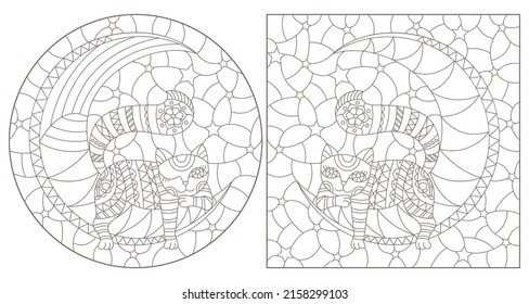 A set of contour illustrations in the style of a stained glass window with cats on the moon, dark contours isolated on a white background