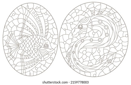 Set of contour illustrations in the style of stained glass with abstract fish, dark outlines on a white background
