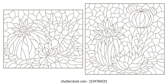 Set of contour illustrations in the style of stained glass with compositions of cacti, dark outlines on a white background