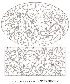 Un conjunto de ilustraciones de contorno en el estilo de vidrio teñido con flores abstractas, contornos oscuros sobre un fondo blanco