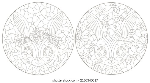 A set of contour illustrations in the style of stained glass with cute portraits of rabbits, dark contours on a white background