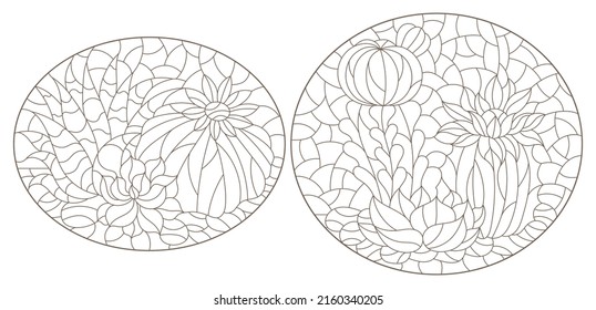 Set of contour illustrations in the style of stained glass with compositions of cacti, dark outlines on a white background