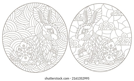 A set of contour illustrations in the style of stained glass with cute rabbits, dark contours on a white background